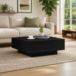 Modern Black Oak Coffee Table with LED Lighting 80x80x31cm