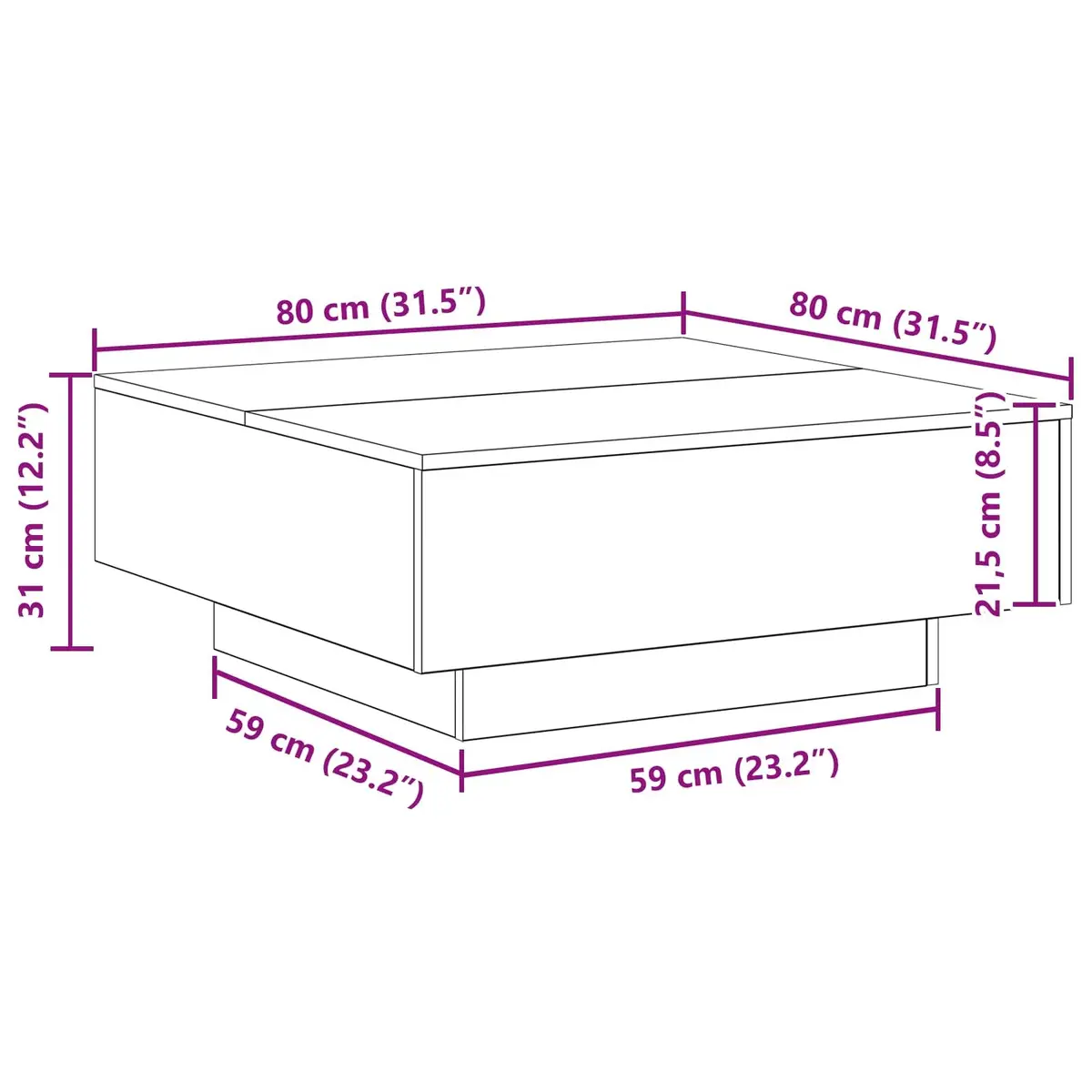 Black Oak Coffee Table with LED Lighting 80x80x31cm