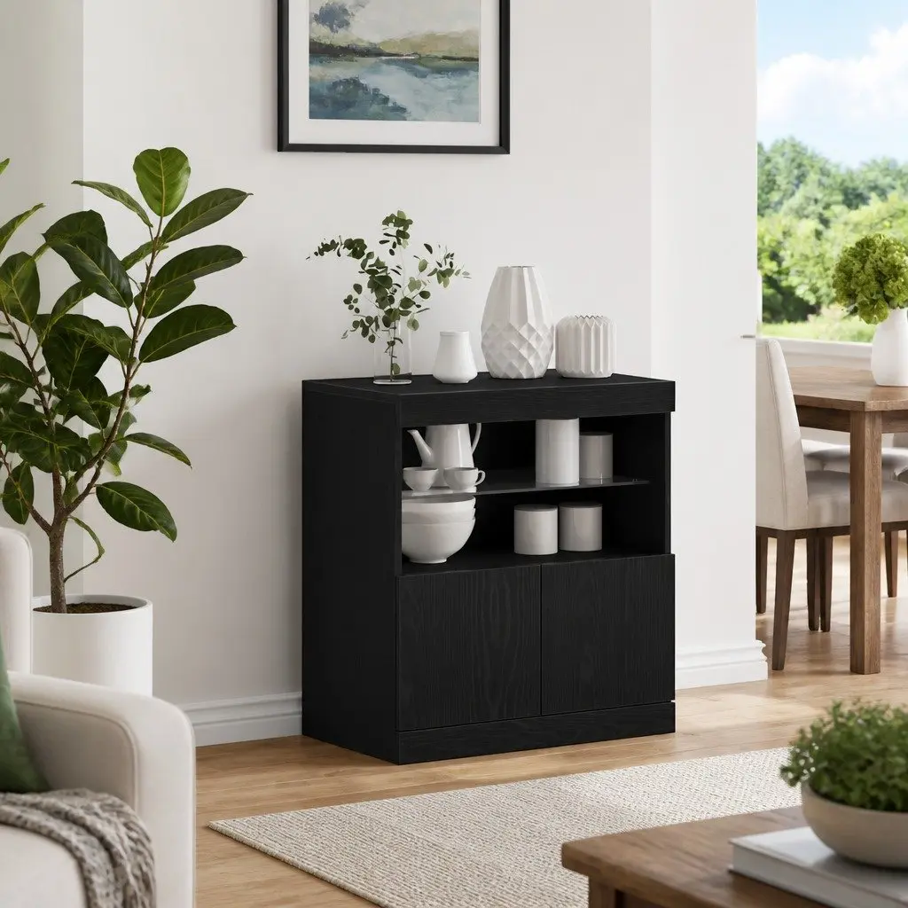 Black LED Sideboard with RGB Lighting, Modern Storage Unit
