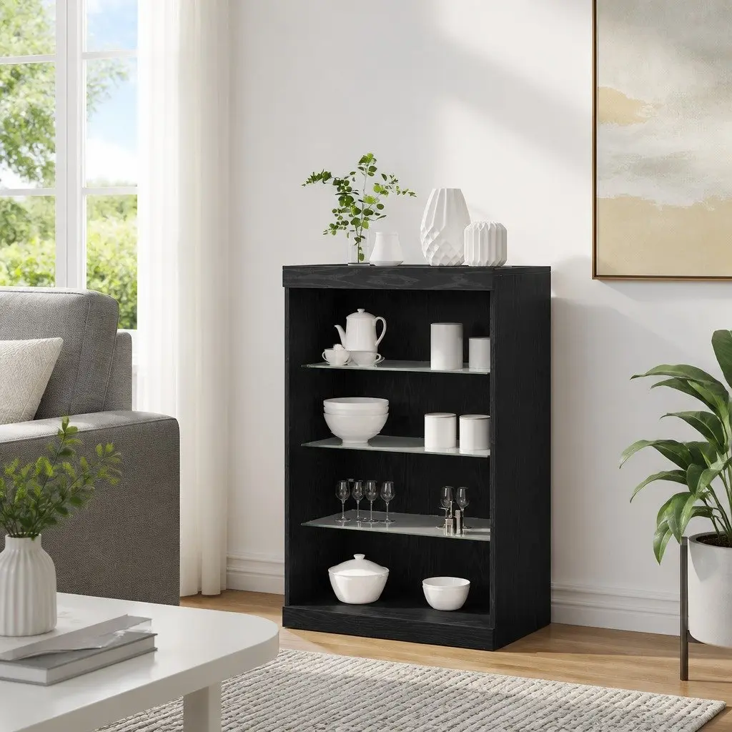 Sideboard Engineered Wood 60.5 cm Black Oak with Glass Shelves and Multicolour LED Lighting
