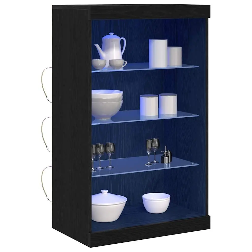 Sideboard Engineered Wood 60.5 cm Black Oak with Glass Shelves and Multicolour LED Lighting