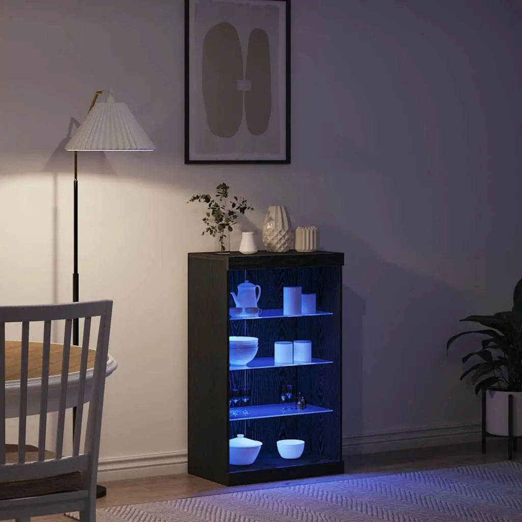 Sideboard Engineered Wood 60.5 cm Black Oak with Glass Shelves and Multicolour LED Lighting