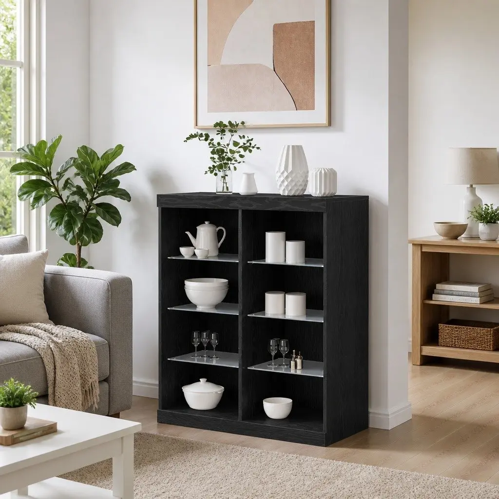 Black Oak LED Sideboard with Glass Shelves