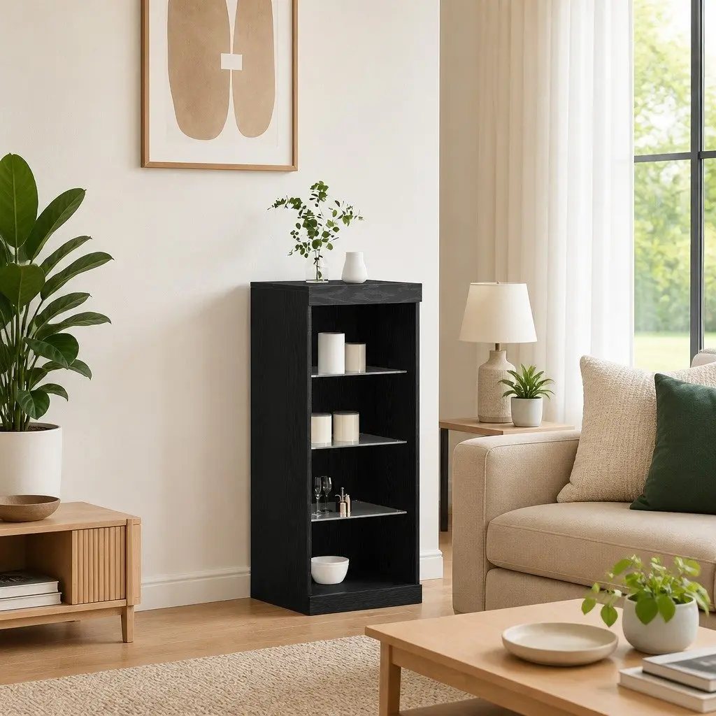 Sideboard Engineered Wood Black Oak RGB LED Lighting Drawers Glass Shelves