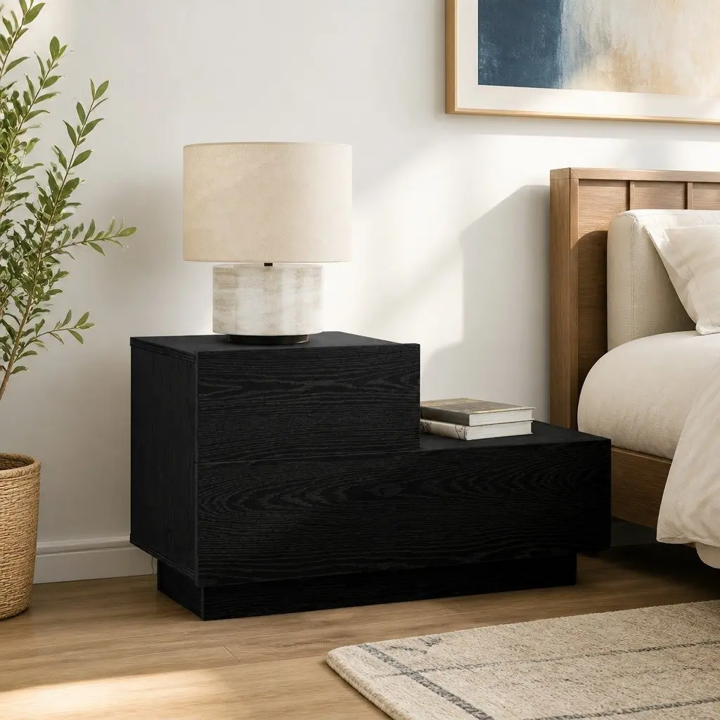 Bedside Table Engineered Wood 70cm Black Oak with LED Lights USB Charging Port
