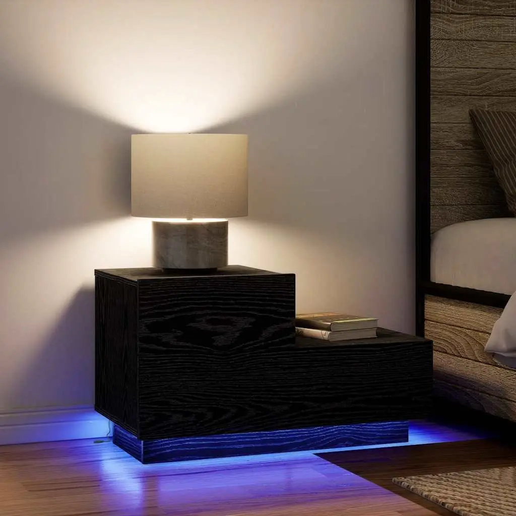 Bedside Table Engineered Wood 70cm Black Oak with LED Lights USB Charging Port