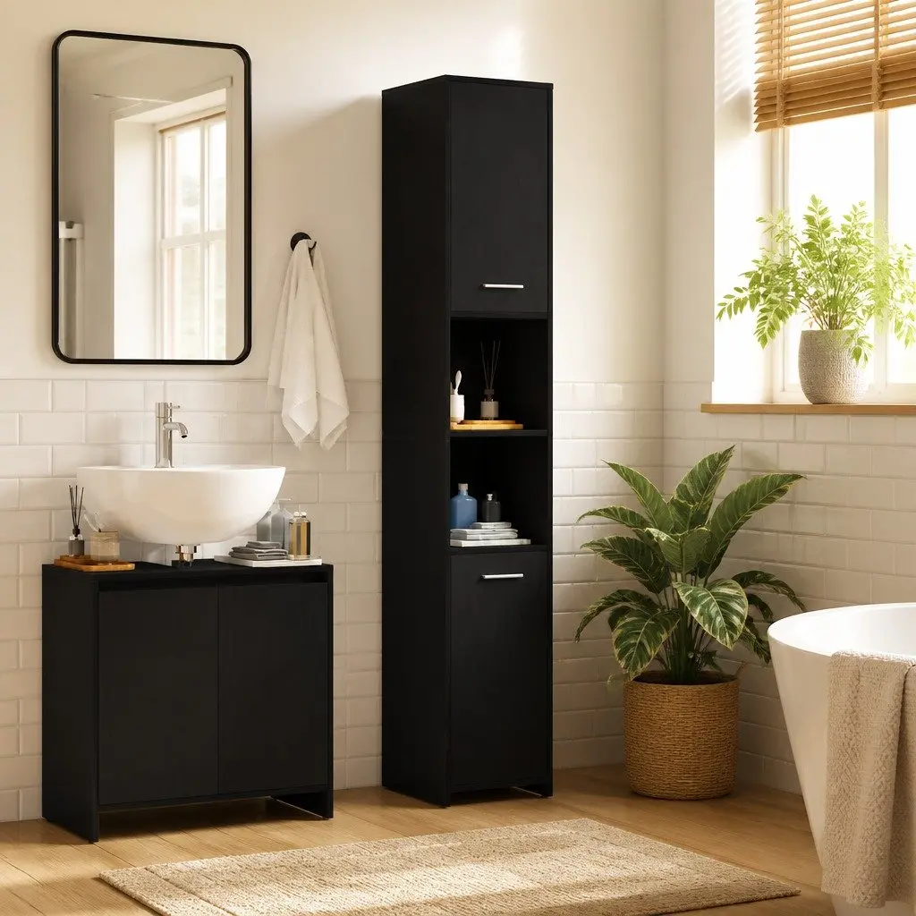 Bathroom Cabinet Engineered Wood 30 x 30 x 183.5 cm Black Oak Storage Cupboard Tall Organizer