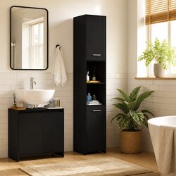 Tall Black Oak Bathroom Cabinet with Ample Storage