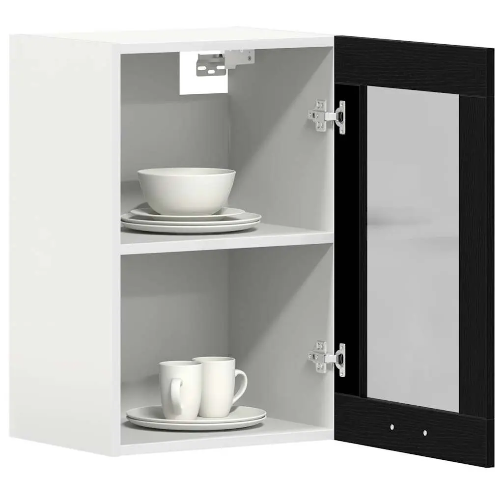 Hanging Glass Cabinet Wall-Mounted Kitchen Storage Black Oak 40x31x60cm