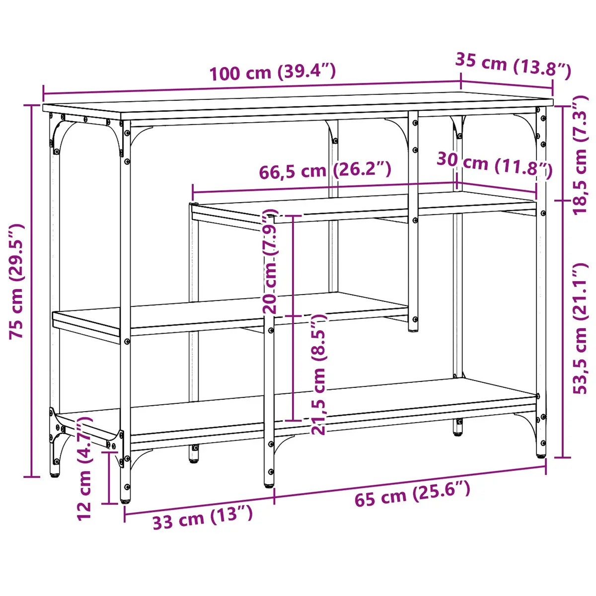 Console Table Engineered Wood and Metal Frame 100x35x75cm Black