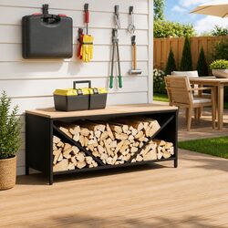 Durable Black Steel Firewood Rack with Wooden Top 100.5x35.5x40cm