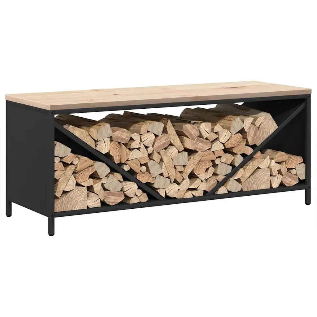 Black Steel Firewood Rack with Wooden Top 100.5x35.5x40cm