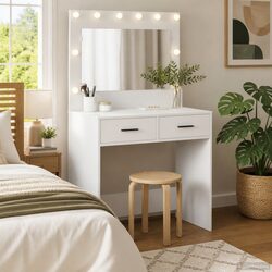 Stylish White Dressing Table with LED Mirror and Drawers