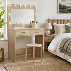 Brown Engineered Wood Dressing Table with LED Mirror