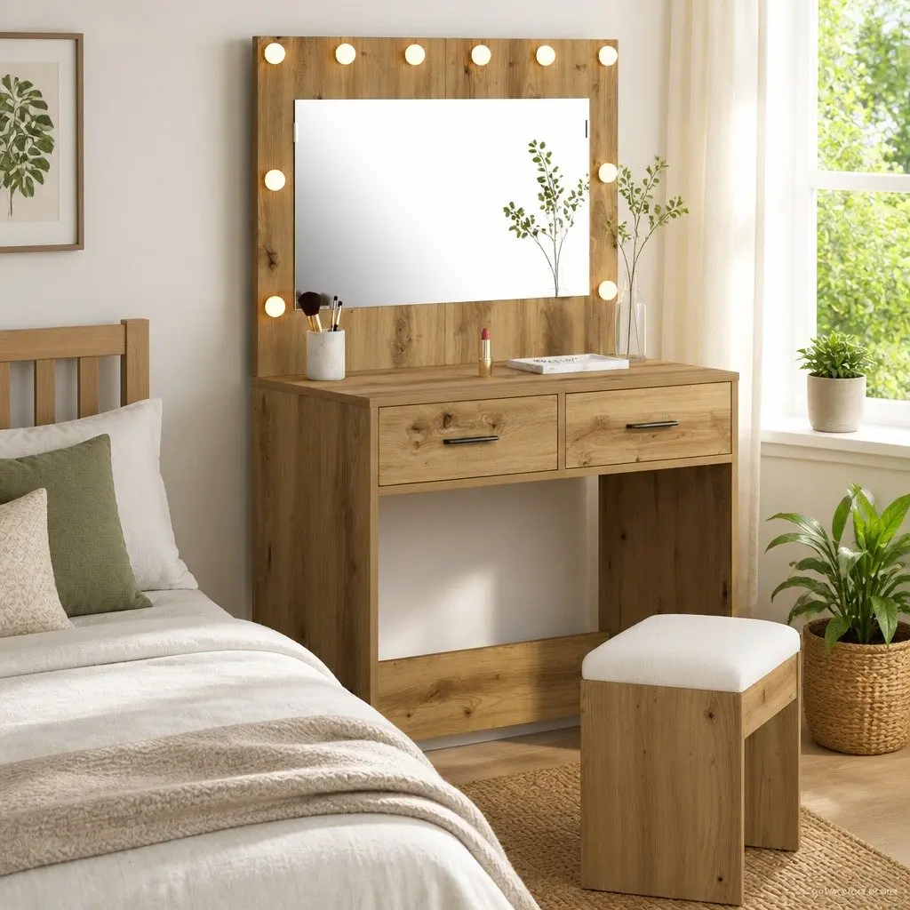 Brown Modern Dressing Table with LED Lights and Storage