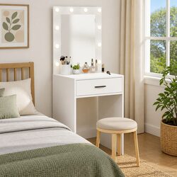 White Dressing Table with Mirror and LED Lights