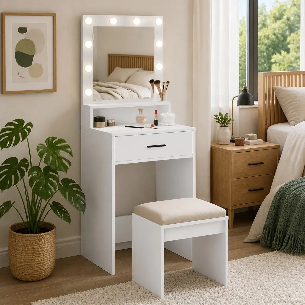White Bedroom Vanity Unit with LED Mirror