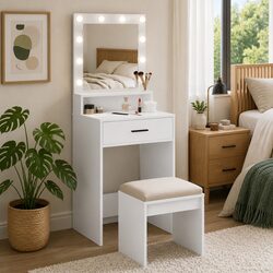 Dressing Table White Bedroom Vanity Unit Drawers Mirror LED Lights Storage