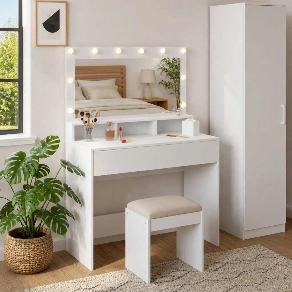 White Dressing Table with LED Mirror and Storage