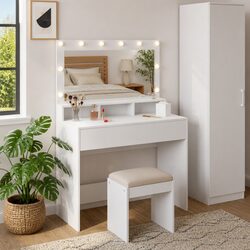Stylish White Dressing Table with LED Mirror and Storage