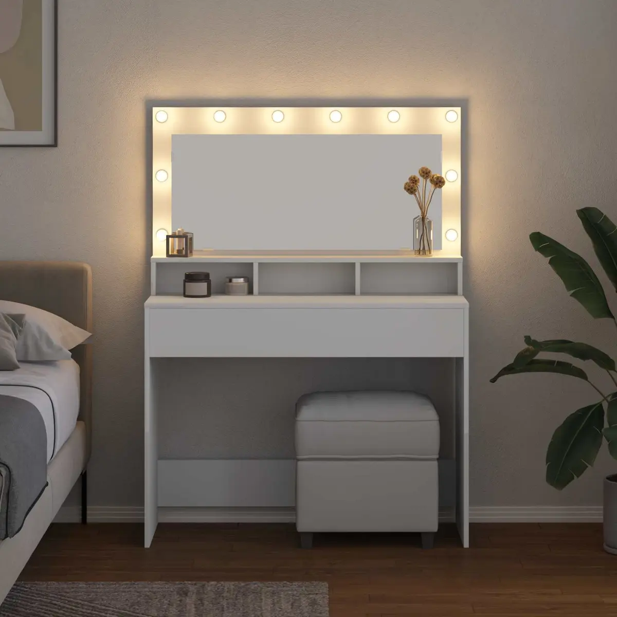 White Dressing Table with LED Mirror and Storage