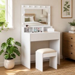 Stylish White Dressing Table with LED Mirror 78.5 x 41 x 135 cm