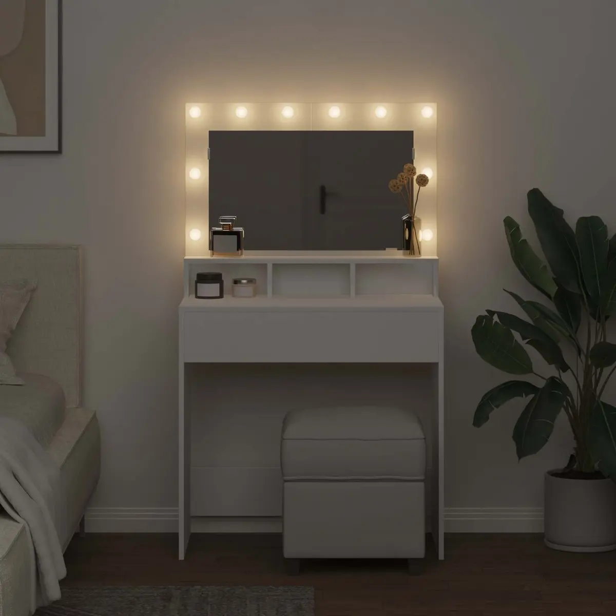 White Dressing Table with LED Mirror 78.5 x 41 x 135 cm