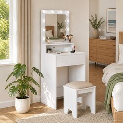 Stylish White Dressing Table with LED Mirror and Storage