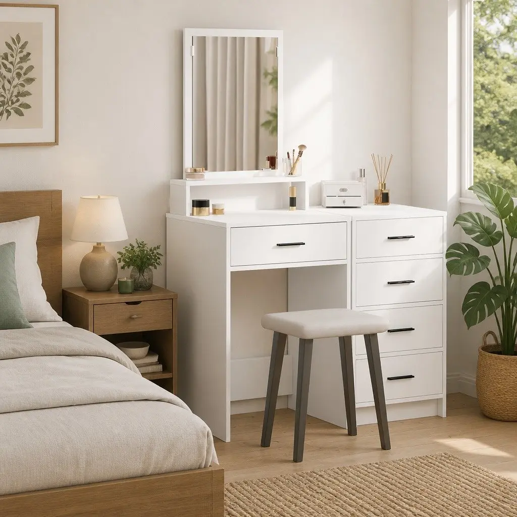 White Dressing Table with Large Mirror and Drawers