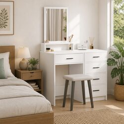Stylish White Dressing Table with Large Mirror and Drawers