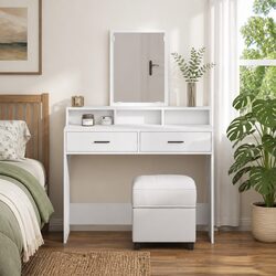 Stylish White Dressing Table with Large Mirror and Storage