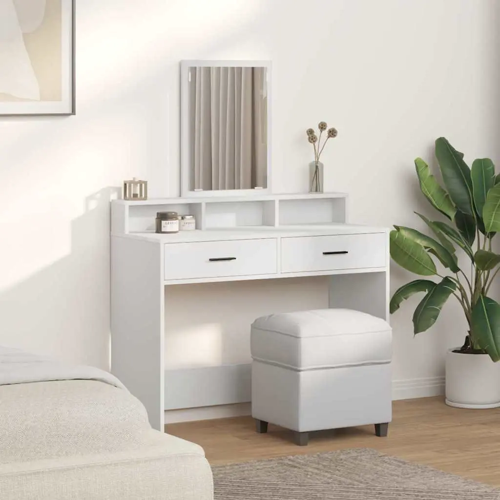 White Dressing Table with Large Mirror and Storage