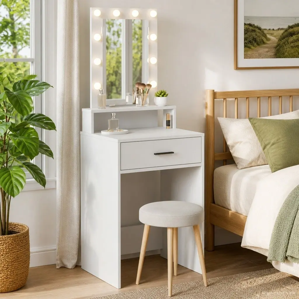 White Dressing Table with LED Lights and USB Charging