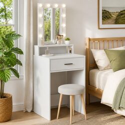 White Dressing Table Bedroom Vanity Mirror LED Lights USB Drawer Storage