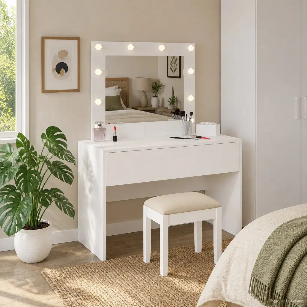 White Bedroom Vanity Unit with Mirror and Drawers