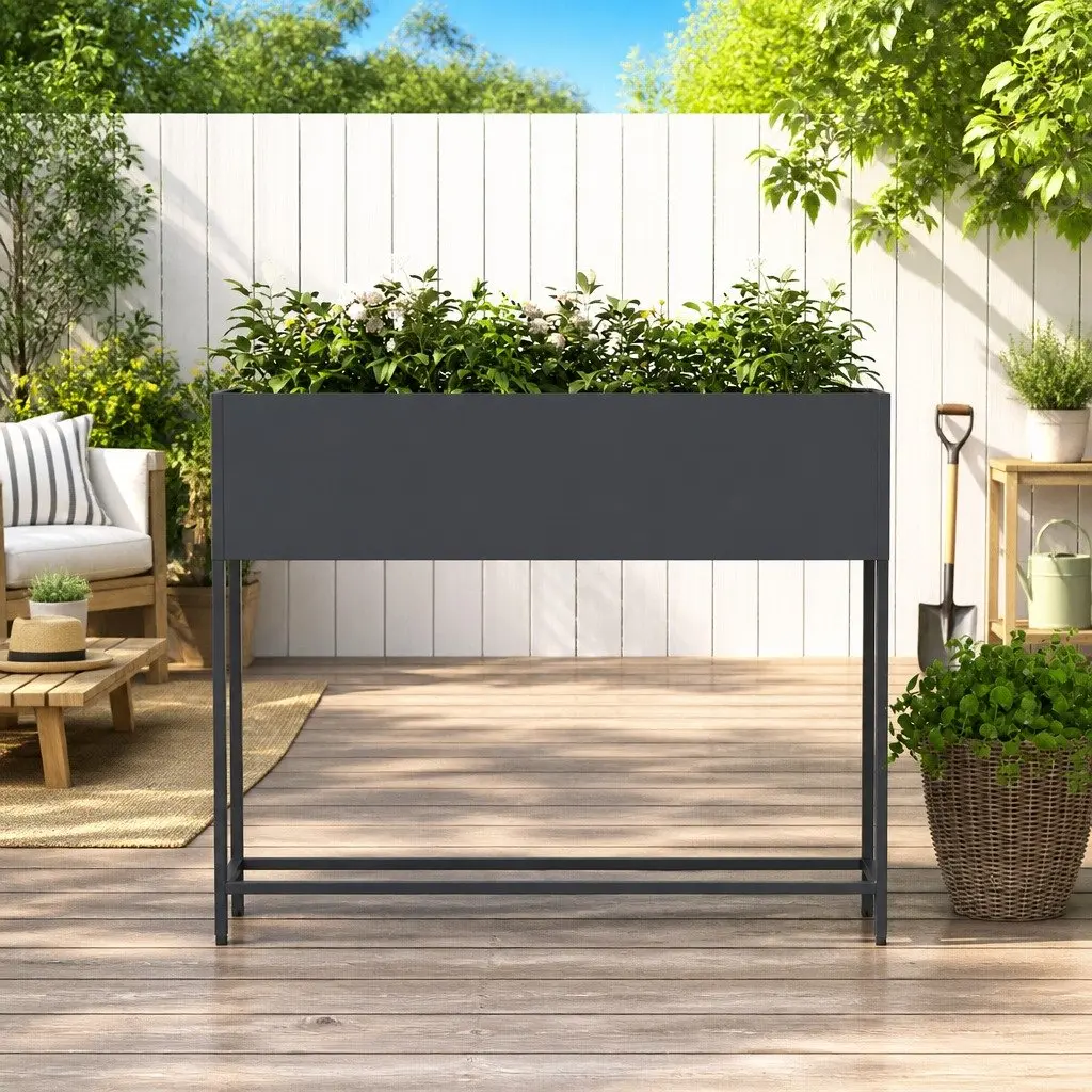 Rectangular Anthracite Metal Raised Garden Planter 100 x 26 x 82 cm