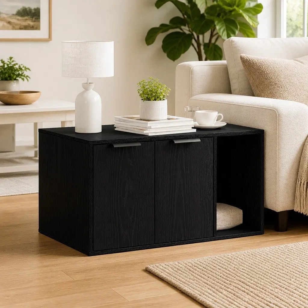 Cat Litter Box Enclosure Engineered Wood 80x50x45cm Black Oak