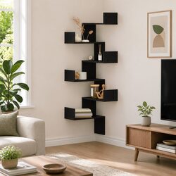 Black Oak Corner Shelf with Tiered Design for Storage