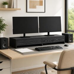 Sturdy Black Oak Monitor Stand with Dual Drawers