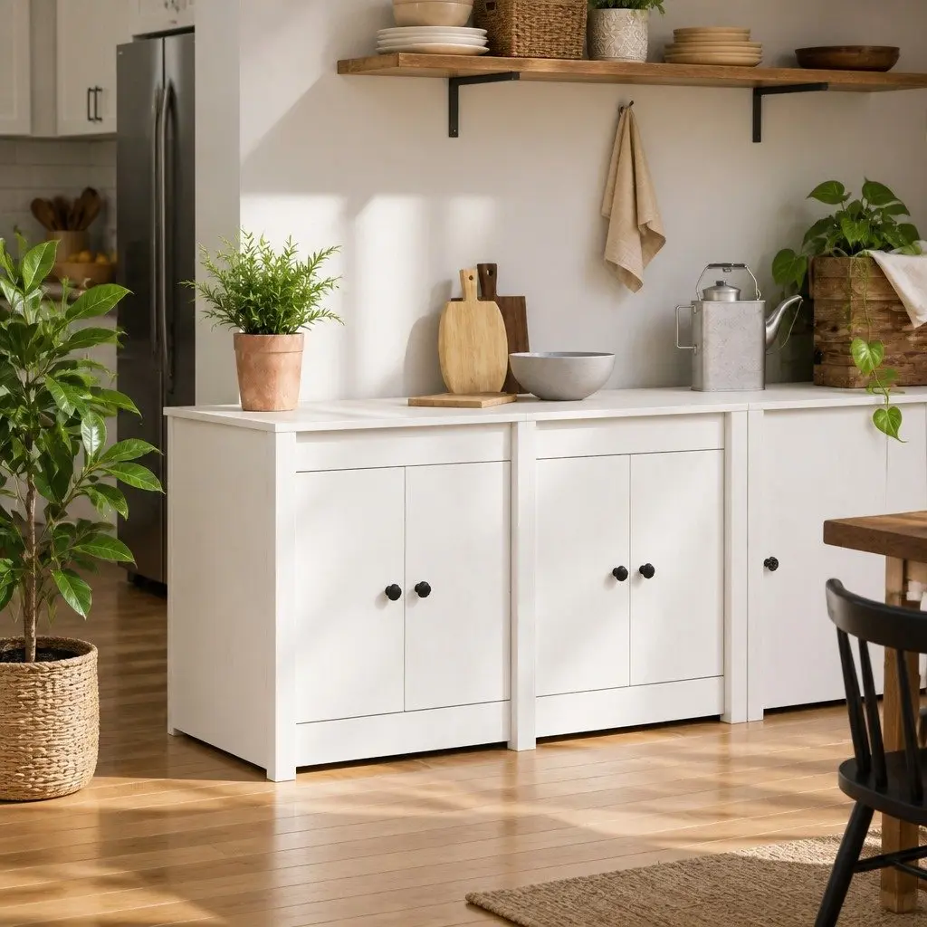 White Solid Pine Kitchen Cabinet for Storage
