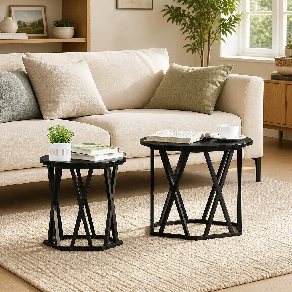 Side Table Engineered Wood Steel Frame Round Black Modern Minimalist 2 Piece Set