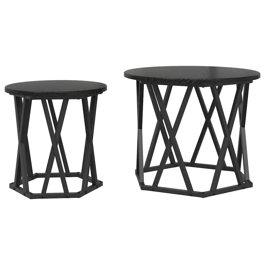 Side Table Engineered Wood Steel Frame Round Black Modern Minimalist 2 Piece Set