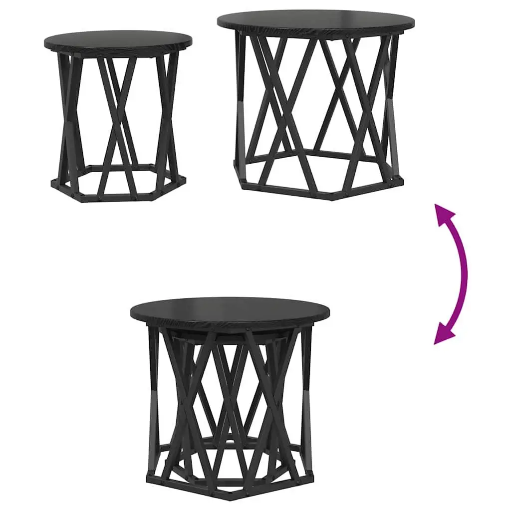 Side Table Engineered Wood Steel Frame Round Black Modern Minimalist 2 Piece Set