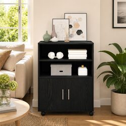Black Oak Filing Cabinet with Shelf and Wheels for Storage