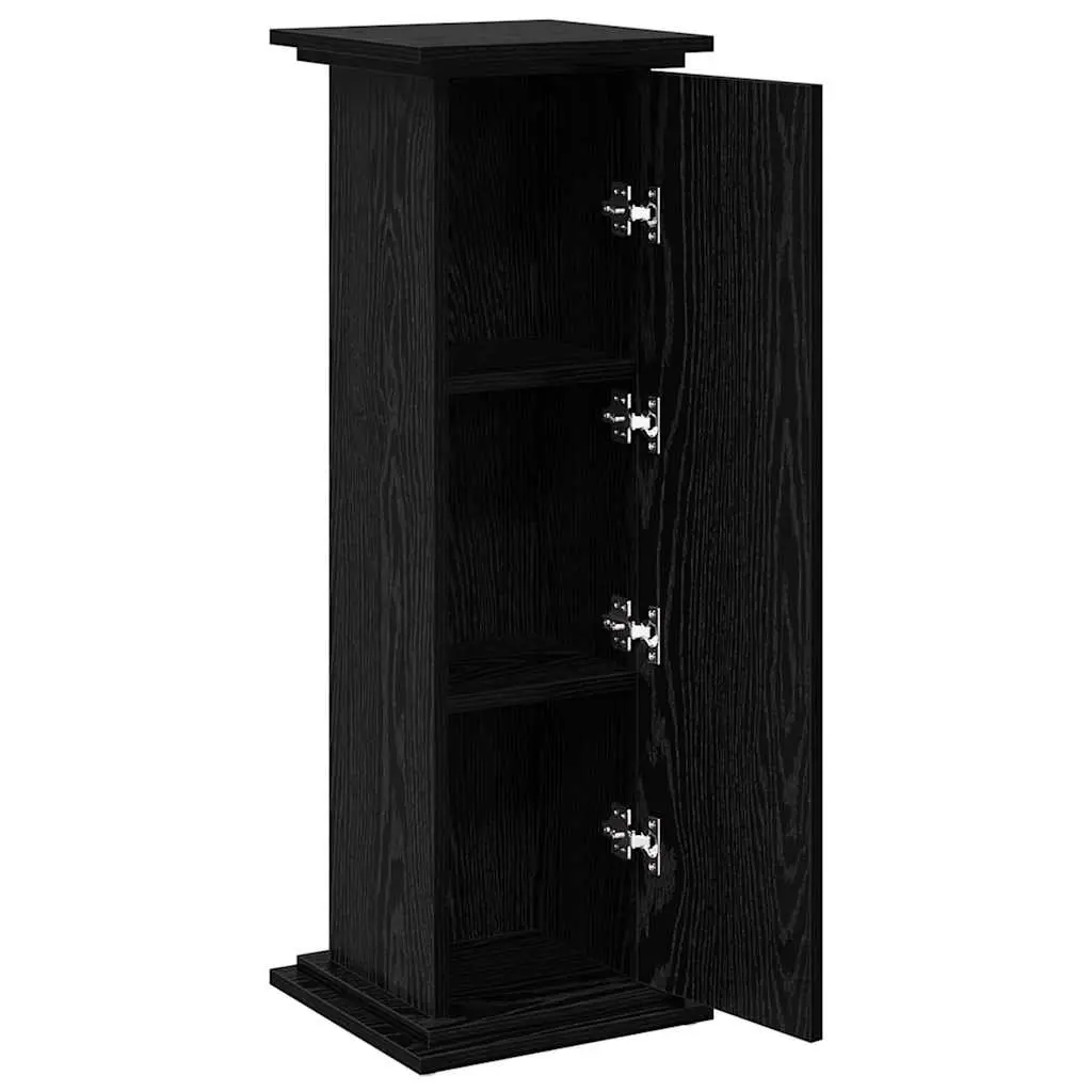 Black Oak Plant Display Stand with Storage Compartment