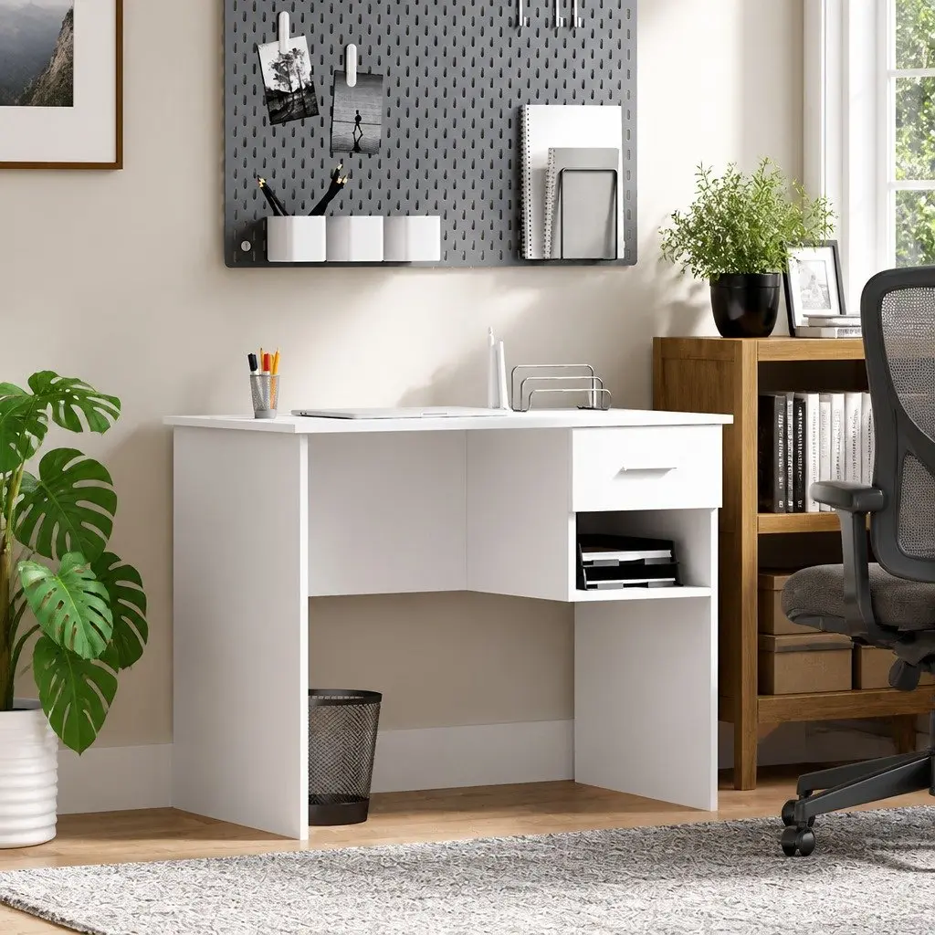 White Writing Desk with Drawer Engineered Wood Office Study Furniture Storage