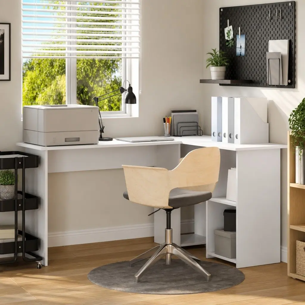 White Corner Desk with Shelving for Home Office