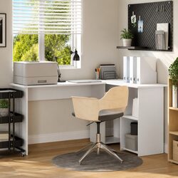 Durable White Corner Desk with Shelving for Home Office