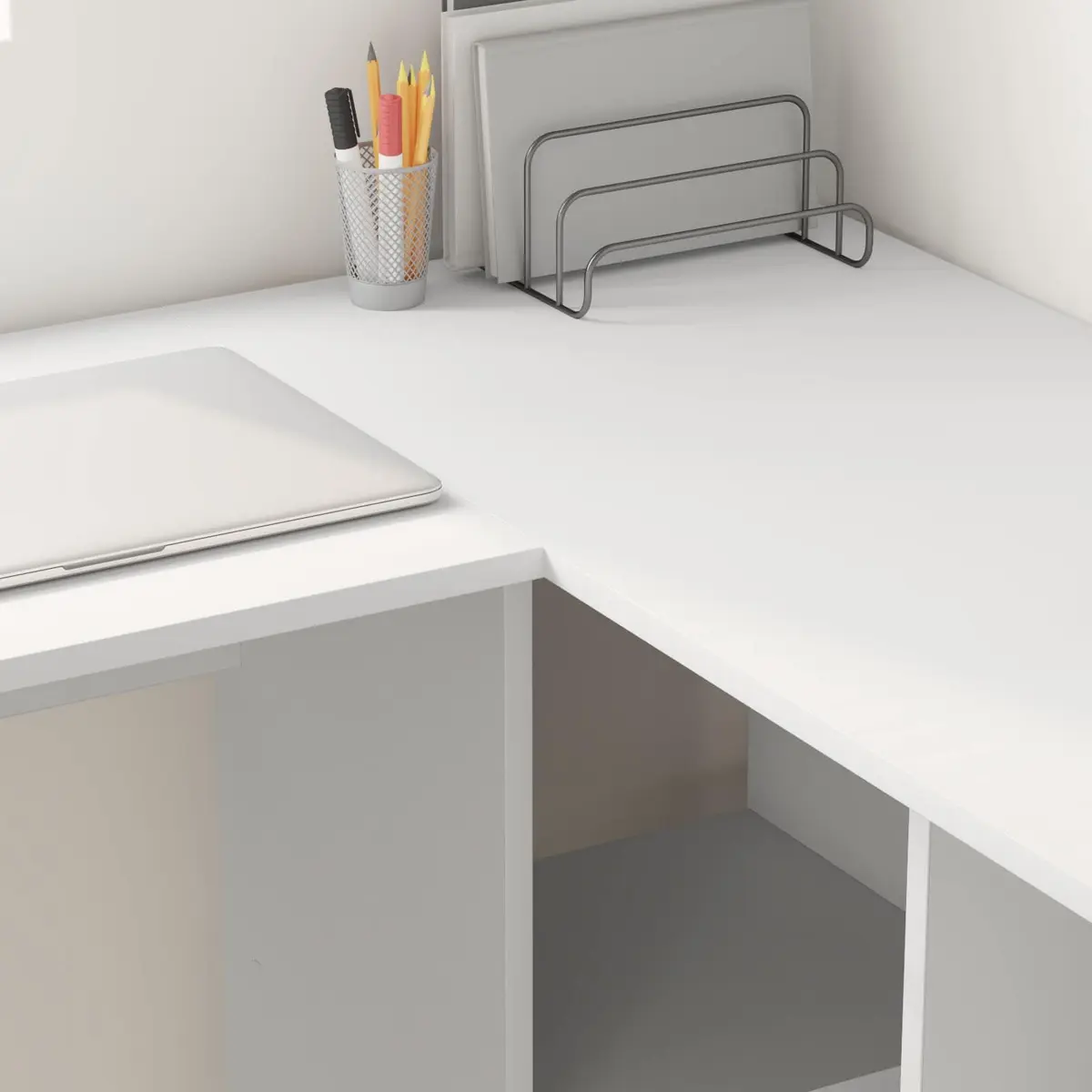 White Corner Desk with Shelving for Home Office
