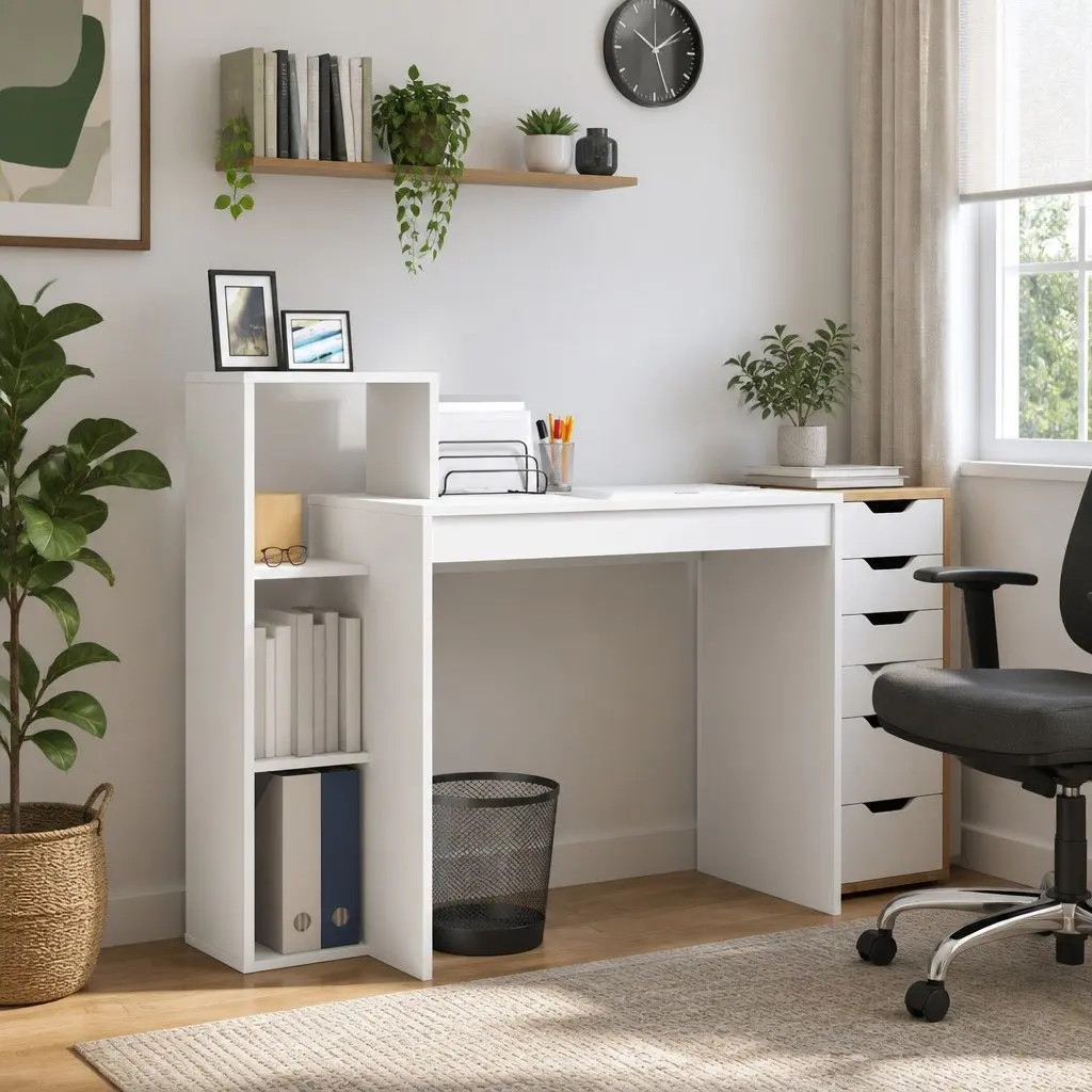 White Desk with Integrated Shelf for Office Use